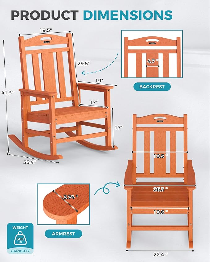 Ciokea Oversized Outdoor Rocking Chair, 380lbs Heavy-Duty Large Patio Rocker, Weather Resistant & Anti-Fade Porch Chair, High Back Cozy Rocking Chair for Outside, Fire Pit, Deck, Garden, Orange - Image 3