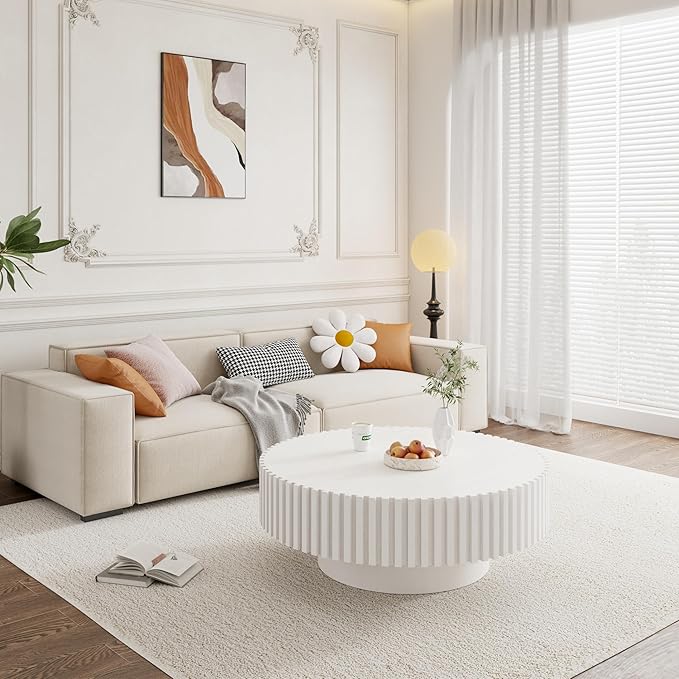 39.37" White Round Coffee Table Wood, Modern Unique Circle Coffee Table, Contemporary Drum Fluted Coffee Table Accent End Side Table Center Table for Living Room, Small Space, Apartment