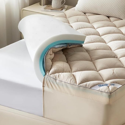 Bedlore 4-Inch Queen Mattress Topper for Back Pain - Dual Layer Medium Support (2" Gel Memory Foam + 2" Cooling Fluffy Pillow Top Pad), Breathable & Pressure Relief (Beige)