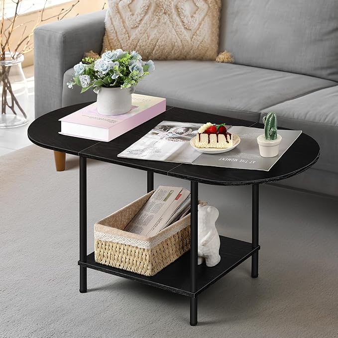 OYEAL Black Coffee Table for Living Room, 2-Tier Small Oval Center Table, Mid Century Farmhouse Round Tea Table with Storage Shelf for Small Space, Home Office, Living Room