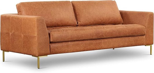 Poly & BARK Calle 90" Sofa, Full-Grain Pure-Aniline Italian Leather, Cognac Tan, Brass Legs