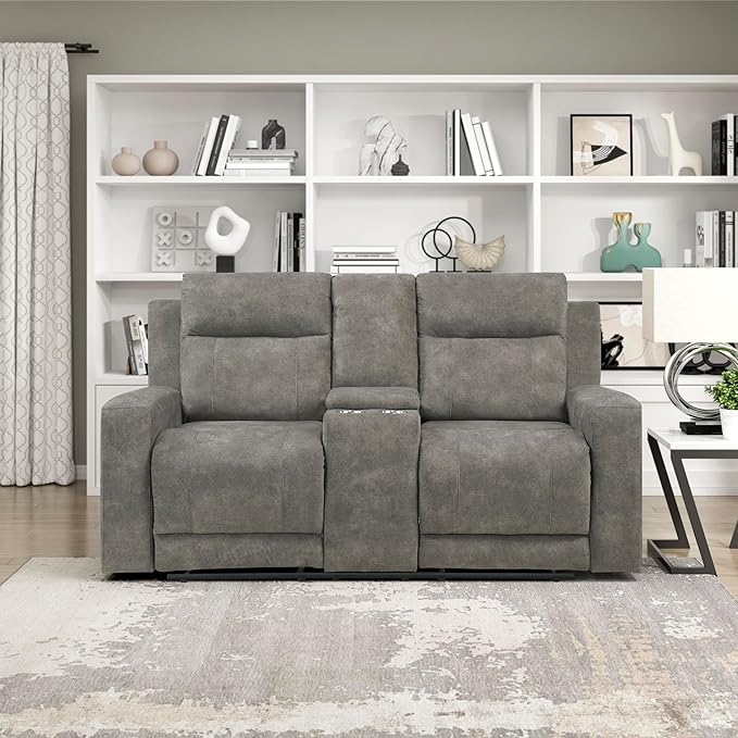 Lexicon Manual Double Reclining Loveseat, Textured Microfiber Manual Wall Hugger Loveseat Recliner for Living Room, Center Storage Console/Cup Holders/Track Arm, Easy Assembly, Brown