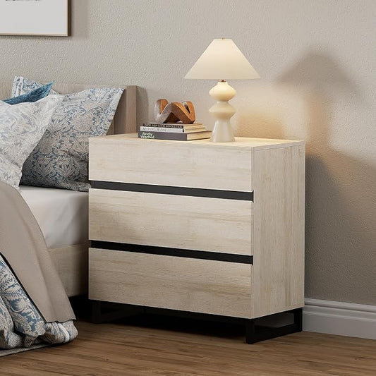 WAMPAT Nightstand with 3 Drawers for Bedroom, Modern Bedside Table with Black Square Metal Leg, Wood Rustic Side End Table, Beige by WAMPAT