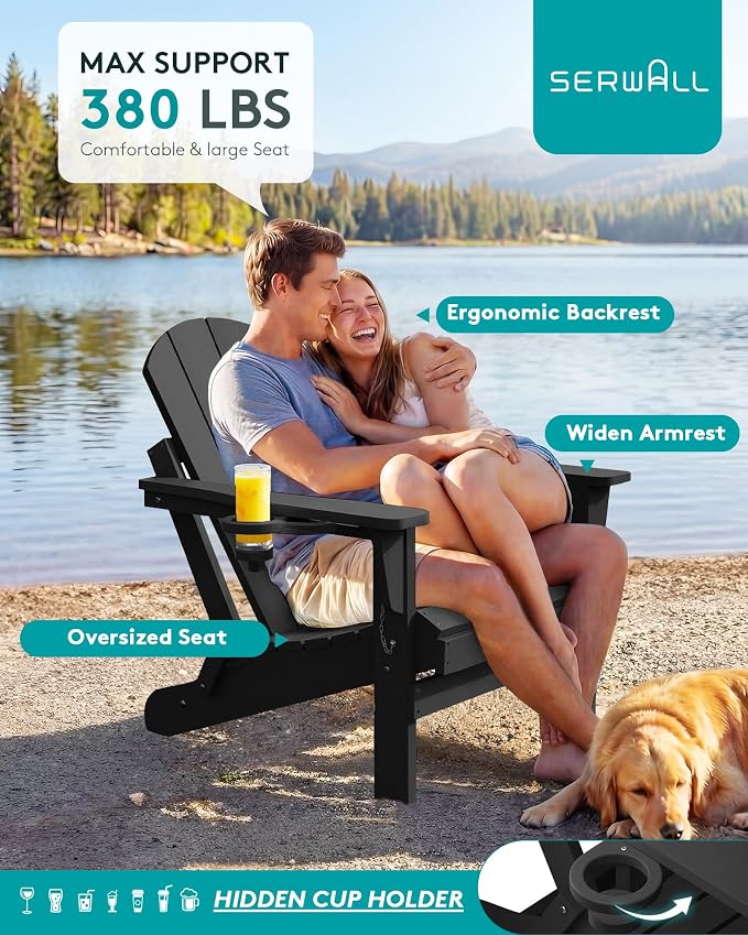 SERWALL Folding Adirondack Chair Set of 2, All Weather Adirondack Chairs with Cup Holder for Patio Garden Outdoors Fire Pit - Black - Image 5