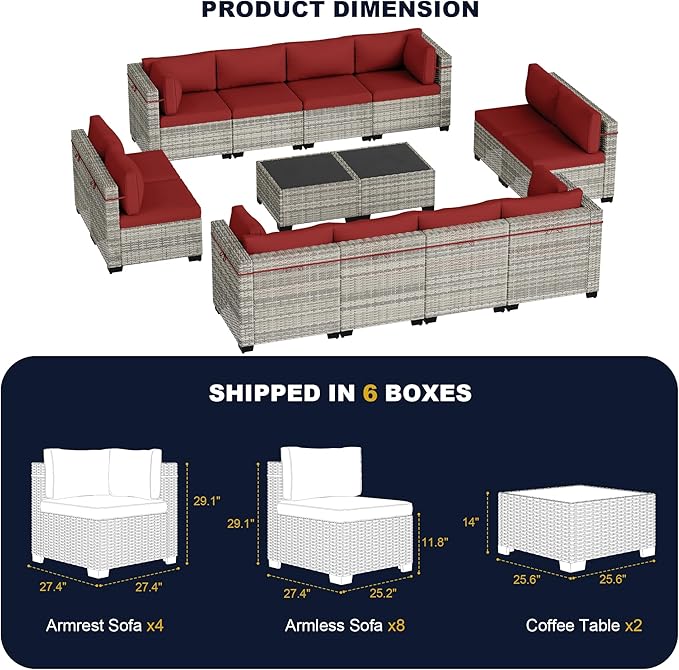 14-Piece Outdoor Patio Furniture Set, PE Wicker Rattan Sectional Sofa Conversation Set with Tempered Glass Table & Thick Cushions - All-Weather Garden, Backyard Furniture, Red
