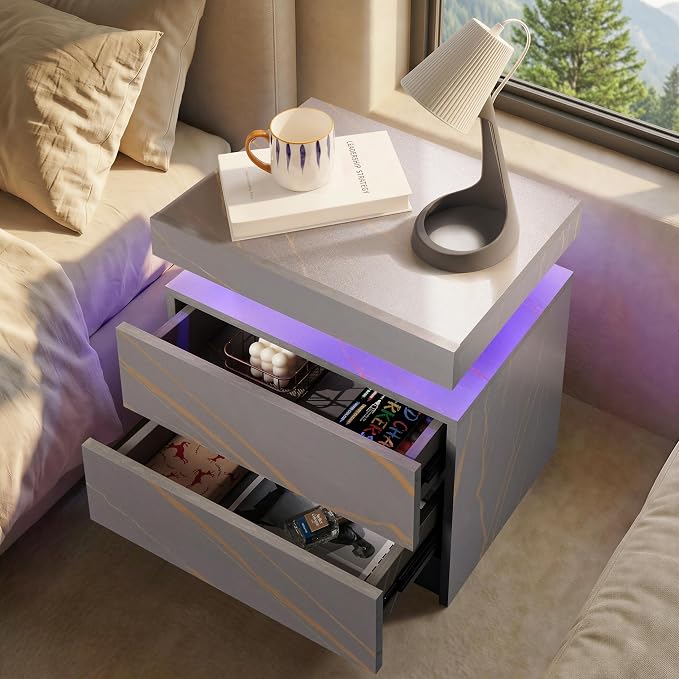 i-aplus Grey Night Stand with 2 Drawers LED Nightstands Bedroom Night Stand for Bedroom, Living Room - Image 4