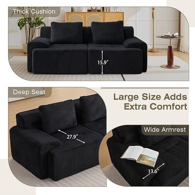 Modular Sectional Sofa, Boneless Couches for Living Room, Corduroy Couch, Big Comfy Couch, Modular Cloud Sofa with Deep Seat (Black, 2 Pieces-Loveseat)
