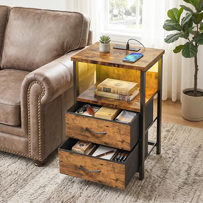 Fixwal Night Stand with Charging Station, LED Nightstand with U-S-B Ports and Outlets, 2 Fabric Storage Drawers with PU Finish, Bedside Table, Rustic Brown - Image 7