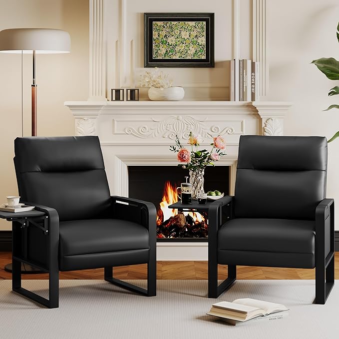 Alunaune Upholstered Living Room Chair Armchair, Mid Century Faux Leather Metal Accent Chair, Reception Couch Slipper Club Lounge Chair Guest Comfy Single Sofa with Sidetable for Bedroom-Black