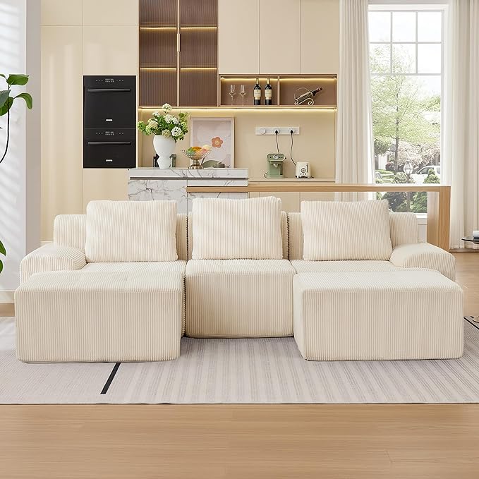 Modular Sectional Sofa, 6 Seat Modular Couch, Modular Sofa with Deep Seat and Detachable Pillow (White, 5 Pieces-U Shape)