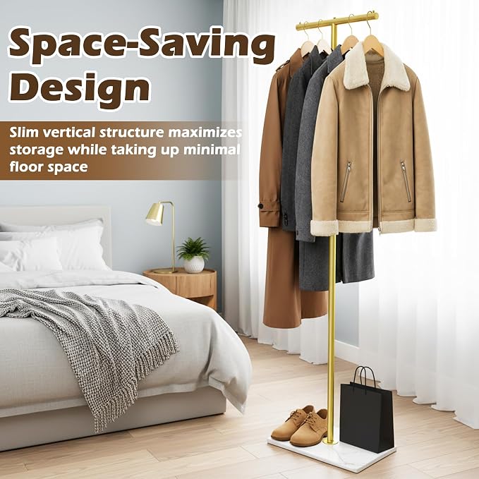 T-shaped Coat Rack Freestanding with Marble Base, 72" H Clothes Display Rack, Heavy-duty Clothes Rack, Modern Metal Coat Hanging Rack for Boutique, Hallway, Entryway, White - Image 2