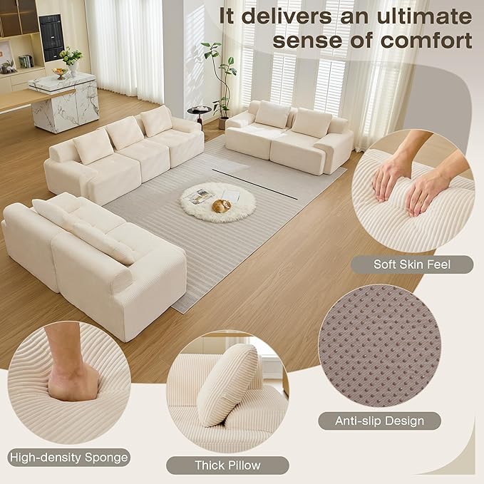 Modular Sectional Sofa, Boneless Couches for Living Room, Corduroy Couch, Big Comfy Couch, Modular Cloud Sofa with Deep Seat (White, 7 Pieces-Rowshape 3 Side)