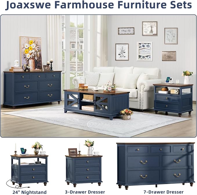 Joaxswe Farmhouse 54" 7 Drawers Dresser for Bedroom, Wide Chest of Drawers w/ 4 Wooden Legs, Vintage Rustic Large Closet Storage Dressers Organizer for Hallway, Wood TV Stand for Living Room, Blue - Image 3