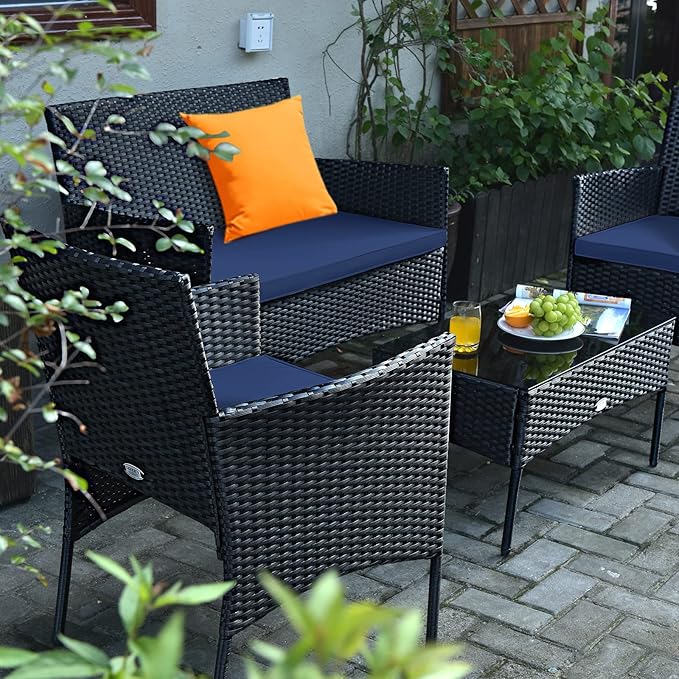 4 Pieces Patio Furniture Set, Outdoor Conversation Set with Ergonomic Curved Backrest, Patio Chair Set with Water-Resistant Cushion & Tempered Glass Table for Balcony, Porch (Navy Blue)