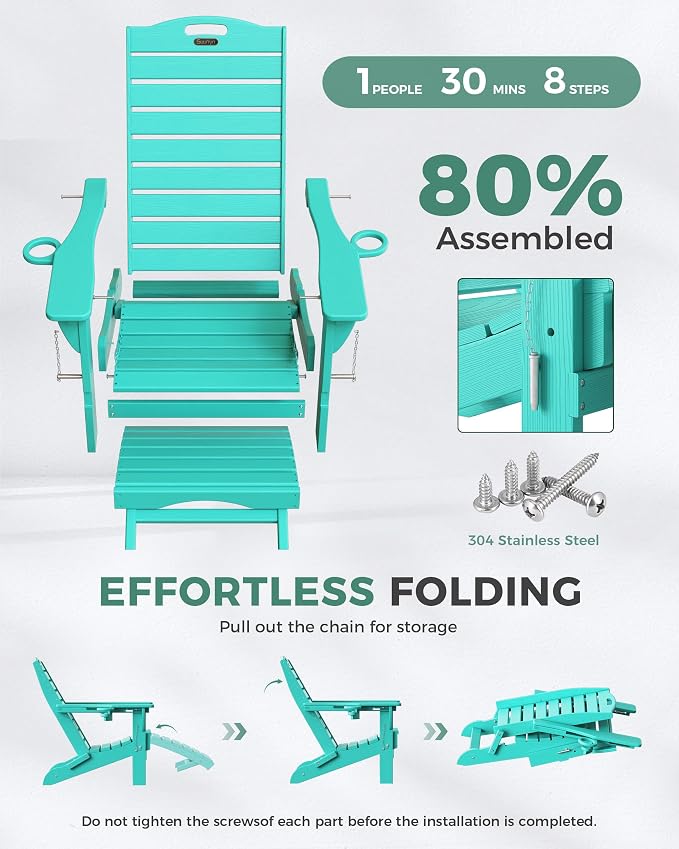 Folding Adirondack Chair with Retractable Ottoman Weather Resistant Fire Pit Chair Patio Chair with 2 Cup Holder Lawn Outdoor Lounge Chair (Lake Blue) - Image 7