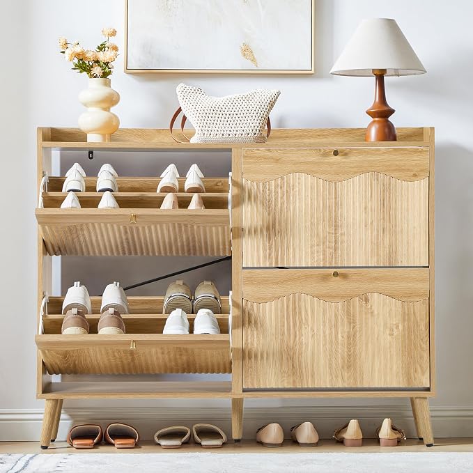 BERRYMERRY 47.2” Shoe Storage Cabinet for Entryway with 4 Flip Drawers, Narrow Shoe Organizer with Wave&Fluted Panel, Freestanding Wood Hidden Shoe Cabinet for Hallway - Image 9