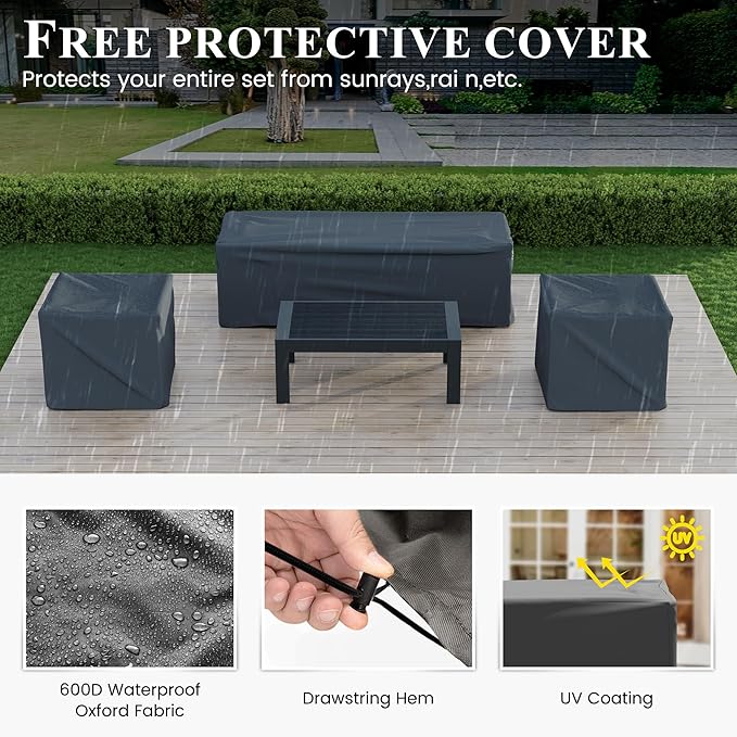 Aluminum Patio Furniture Set, 6 Piece Metal Outdoor Furniture Set, Patio Set with Waterproof Covers for Backyard Garden