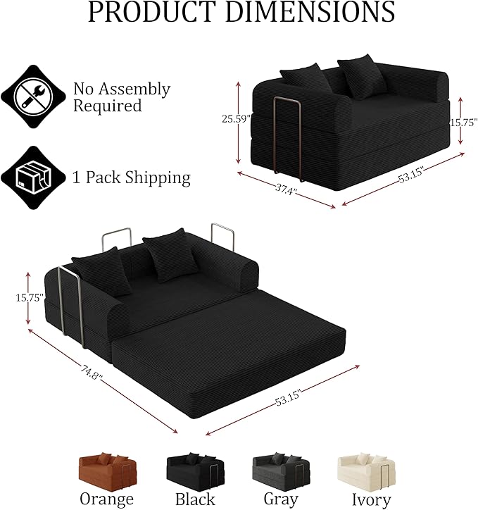 HouseMila 53.15" Boneless Couch,4-in-1 Futon Sofa Bed Modular Loveseat Sleeper Folding Compressed Couch with Pillows,No Assembly Required Convertible Sofa Bed for Living Room Bedroom Guest Room,Black