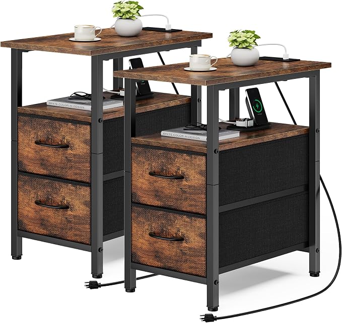 Vagusicc End Table with Charging Station Set of 2, Narrow Side Table, 23.8'' Tall Nightstand with 2 Drawers, Small Sofa Side Table Narrow Nightstand for Small Spaces Furniture, Bedroom, Rustic Brown by Vagusicc