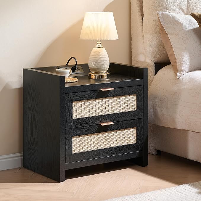 SICOTAS Night Stand Bedside Table - Rattan Nightstand End Table with Type-C Charging Station, 2 Drawers Storage Boho Night Stands for Bedroom - Black Oak - Image 7