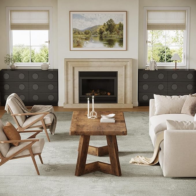 Tribesigns Coffee Table, Farmhouse Center Table with V-Shaped Legs, 47.2 x 23.6 Inches Rectangle Living Room Tables, Easy to Assemble, Rustic Brown