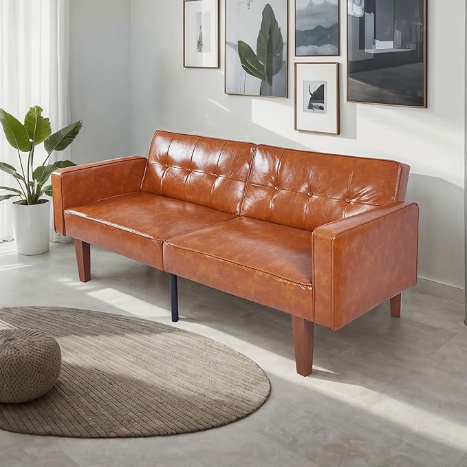 Adjustable Backrest Convertable Sofa, Modern PU Leather 2-Seat Futon Sofa, Convertible Faux Leather Sleeper Couch with Armrests, Couch for Living Room Home Office Spaces