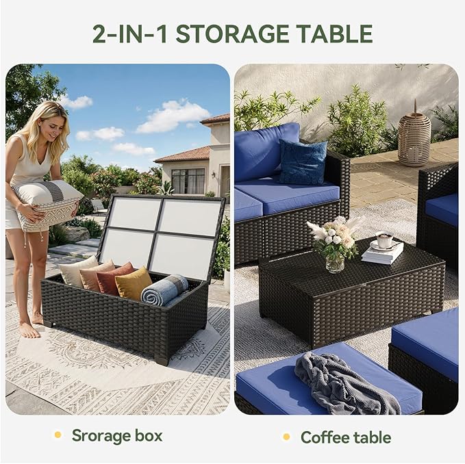 Aoxun 10 Piece Outdoor Patio Furniture Set 9 Seats, Outdoor Sectional with Thick Waterproof Cushions & Storage Coffee Table, Patio Conversation Sets for Garden,Backyard, Porch, Balcony, Deck, Blue