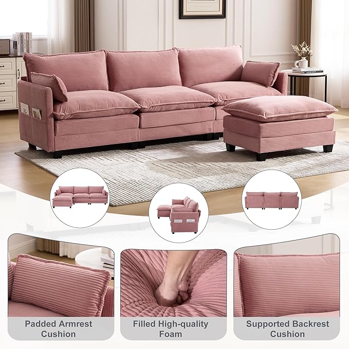 Modular Sectional Sofa Couch with Reversible Ottoman, 103" Oversized Corduroy Cloud Couch, 3 Seat Sectional Sofa with Solid Wood Frame and Side Pockets,for Living Room & Apartment