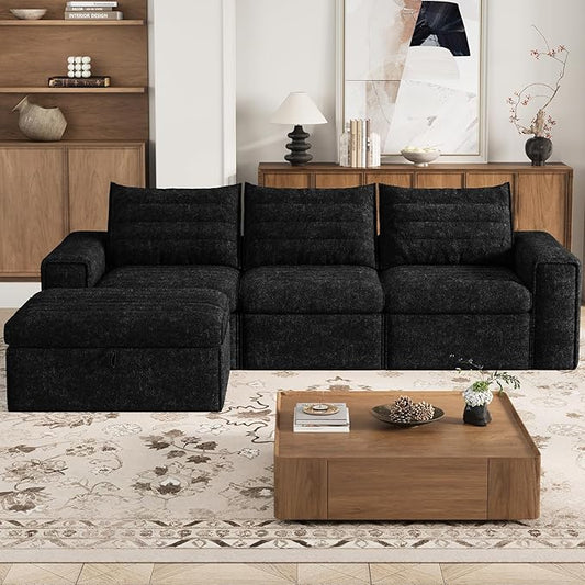 106.7" Modular Sectional Sofa with Deep Seat, L Shaped Cloud Couch for Living Room, 3-Seater Modern Boneless Sofa with Movable Ottomans, Removable Cover, No Assembly Required, Graphite Black