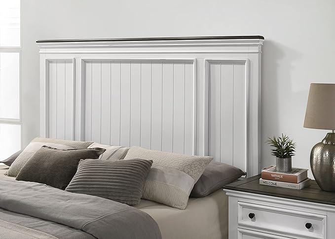 Clelane Wood Bedroom Set with Shiplap Panel King Bed, Dresser, Mirror, and Two Nightstands in Weathered White and Dark Gray