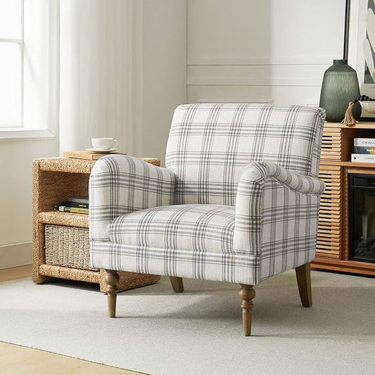 HULALA HOME Modern Accent Chair with Arms and Wooden Legs, Comfy Upholstered Armchair for Living Room, Bedroom (Plaid Pattern, Grey)