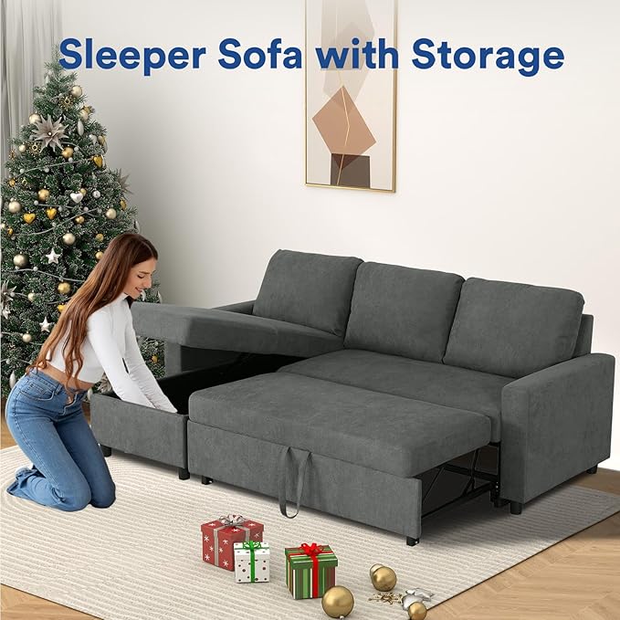 Rovibek 83" Convertible Sofa Bed Couch with Storage - 4 in 1 L Shaped Sofa with Pull Out Couch Bed for Living Room, Apartment, Office, Small Spaces, Grey