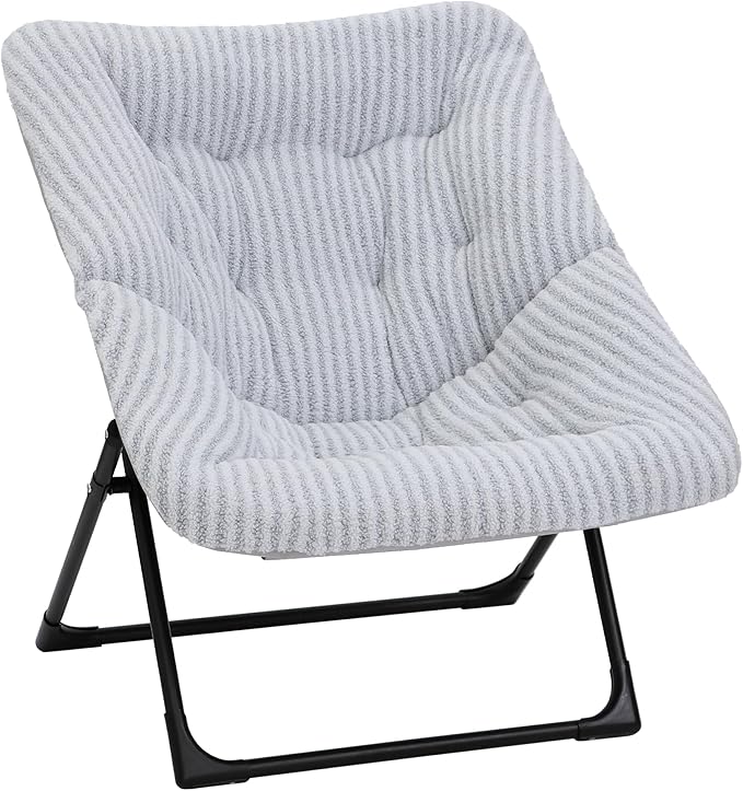 Comfy Saucer Chair for Adults, Soft Faux Fur Bedroom Chair, Accent Dorm Chairs, Flexible Living Room Reading Chairs, Oversized Folding Seat for Teens, X-Large, Stripe Grey