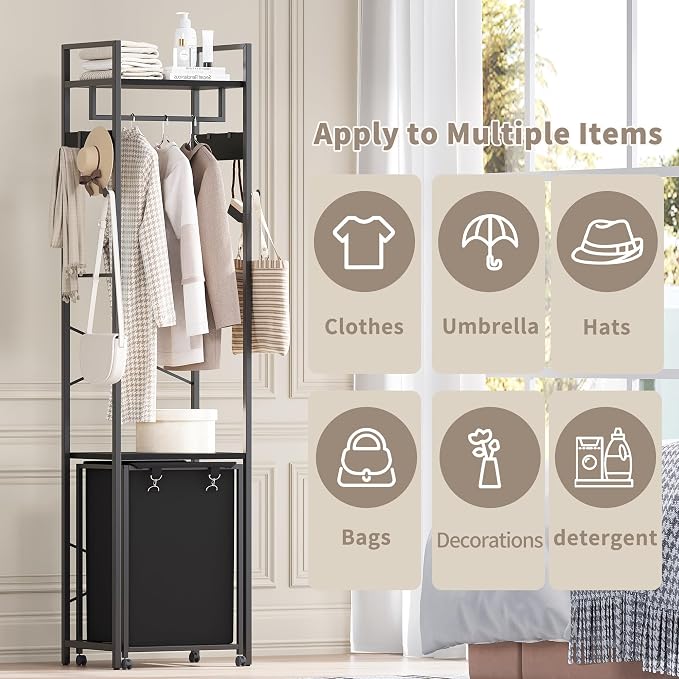 Coat Rack with Laundry Basket, Laundry Hamper Freestanding Hall Tree, Clothes Rack with Storage Shelves, 14.5 Gal Removable Bags on Wheels, Black JLH005B - Image 8