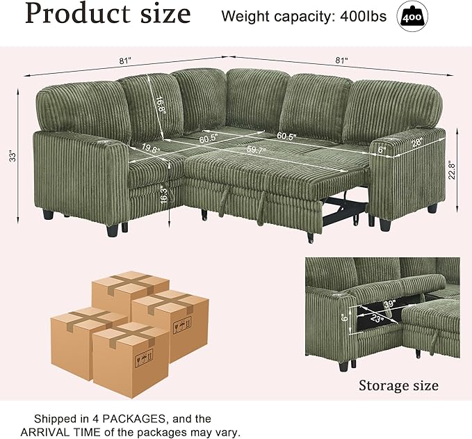 81" Modular Sectional Sofa, L-Shaped Convertible Sectional Sleeper Sofa Bed with Pull Out Bed, Storage Chaise, USB & Type-C Charging, 5-Seat Corduroy Couch for Living Room Apartment, Green