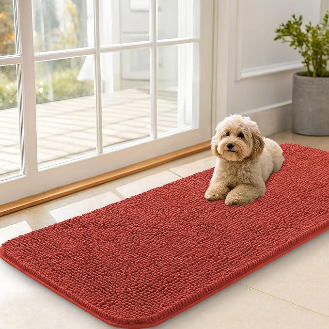 OLANLY Dog Door Mat for Muddy Paws 47x20, Absorbs Moisture and Dirt, Absorbent Non-Slip Washable Doormat, Quick Dry Chenille Mud Mat for Dogs, Entry Indoor Entryway Carpet for Inside Floor, Maple Red by OLANLY