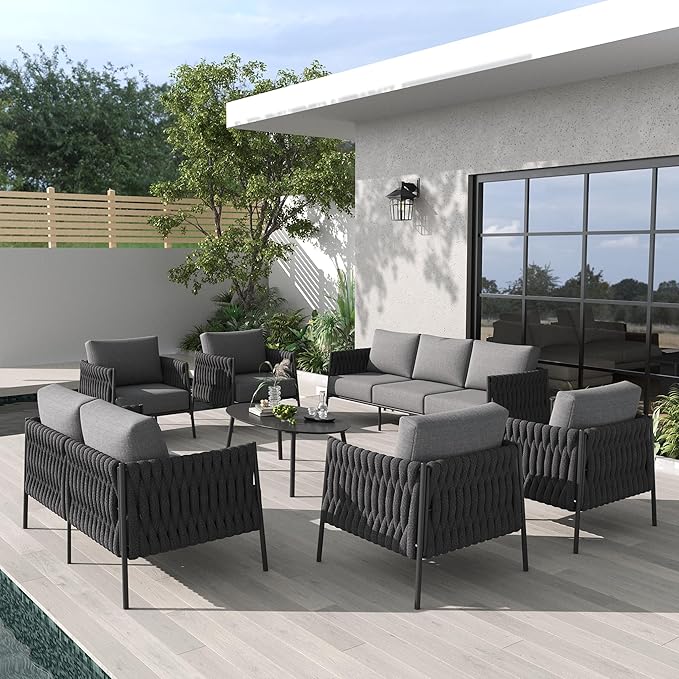 LayinSun 7 Piece Outdoor Furniture Set with Coffee Table, Modern Rope Woven Patio Conversation Sofa Set with Olefin Braid and Deep Seating