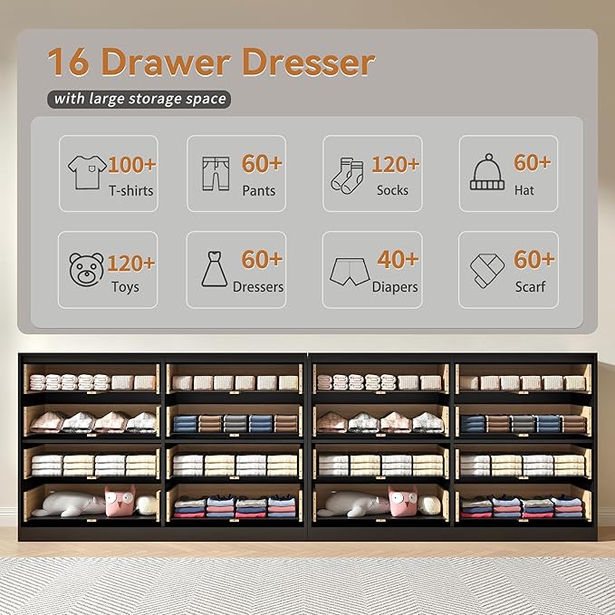 Black Dresser Set of 2, Large Dresser for Bedroom Wooden with 16 Drawers, Fluted Modern Bedroom Furniture Set, TV Stand Dressers & Chests of Drawers for Closet (15.7" D x 110.2" W x 36" H)