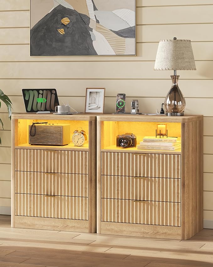 FUSOU Fluted Night Stand, Nightstands with Charging Station and LED Lights, Modern Bedside Table with 3 Drawers and Open Shelf, End Table with Storage, Nightstand for Bedroom, Living Room, Natural Oak - Image 8