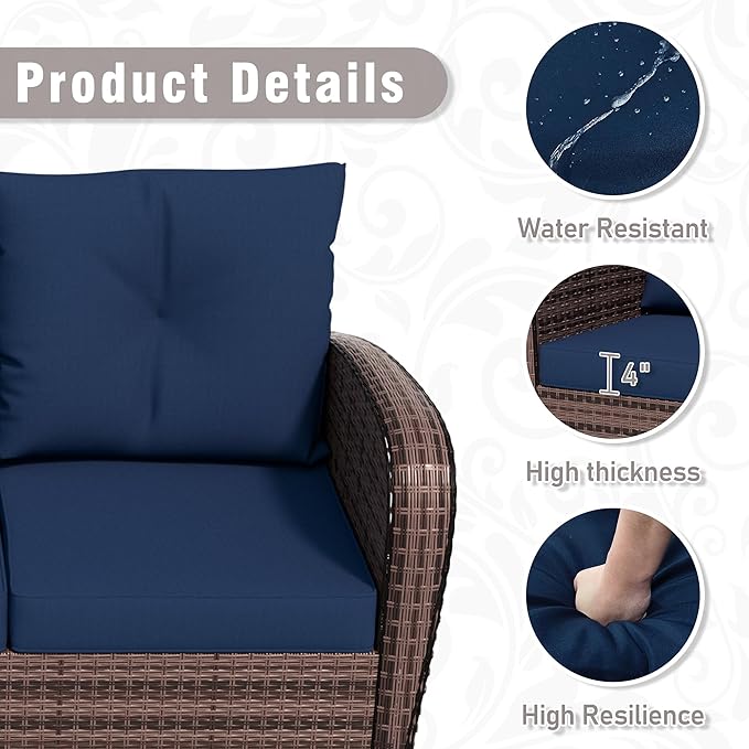 7 Piece Patio Conversation Set – 2 Swivel Rocking Chairs, 2 Coffee Tables & 3-Seater Sofa | PE Wicker Patio Sectional | Heavy-Duty Steel Frame & Weatherproof Cushions, Blue