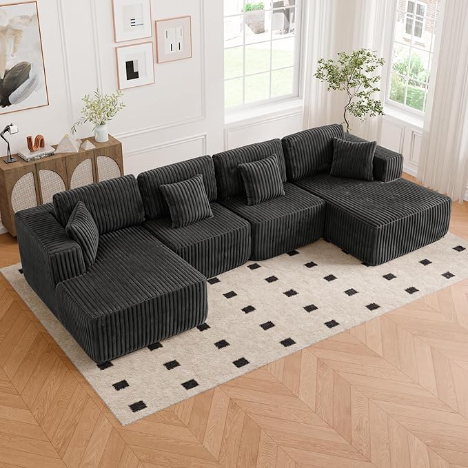132" U Shaped Couch, Oversized Modular Sectional Sofa with Chaise, Corduroy U Shaped Couch with Deep Seat, Boneless Couches for Living Room, No Assembly Required, Gray