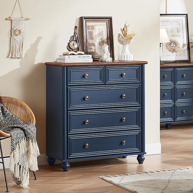 RWYHG Farmhouse 5 Drawer Dresser Set of 2, Blue Rustic Chest of Drawers, 35.5" Tall Small Dressers for Bedroom with Roman Column and Metal Handles,Wood Storage Organizer for Living Room,Hallway,Closet - Image 4