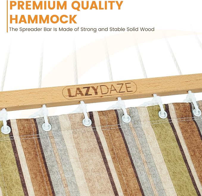 Lazy Daze Hammocks 12 FT Quilted Fabric Double Hammock with Spreader Bars and Detachable Pillow, 450lbs Weight Capacity, Brown Stripe - Image 4