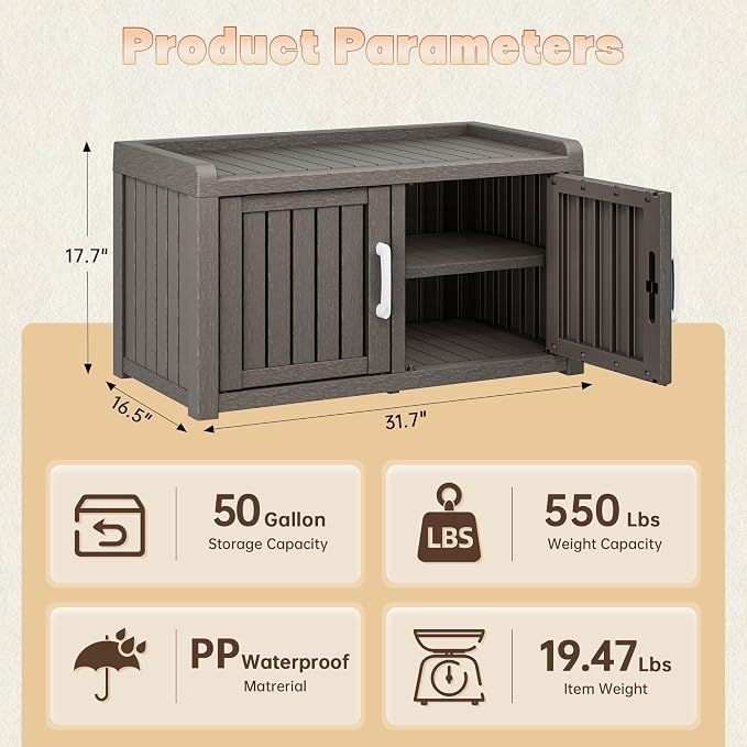 2-Tier Storage Bench, Waterproof UV-Resistant Outdoor Shoe Storage Cabinet with 2 Doors & Adjustable Shelves for Indoor Outdoor Entryway, Hallway, Living Room (Classic Grey) - Image 2