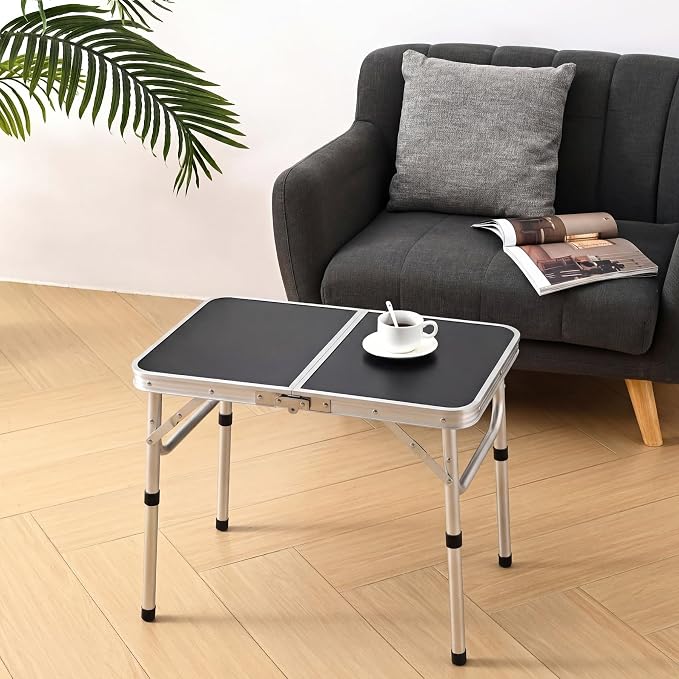 YihuiKo Folding Picnic Table with Storage Net, Black Aluminum Folding Table 23.6" x 15.8", Adjustable Height Max 27.5", Lightweight Portable for Camping Travel Indoor - Image 2