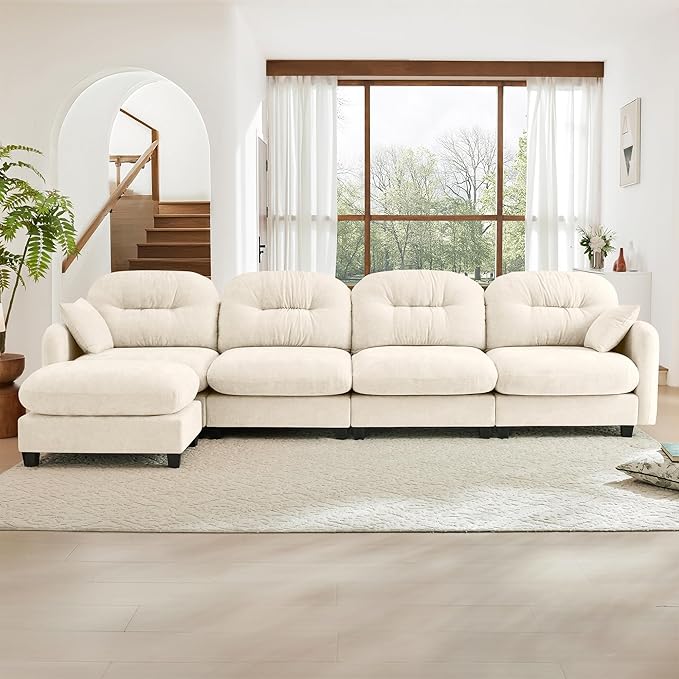 KEIKI 140" L-Shaped Oversized Chenille Modular Sectional Sofa with 1 Ottoman, High-Density Foam Cushions, Tufted Pleated Cushion Backrest, Modern 4-Seater Couch with 2 Pillow, for Living Room, Beige