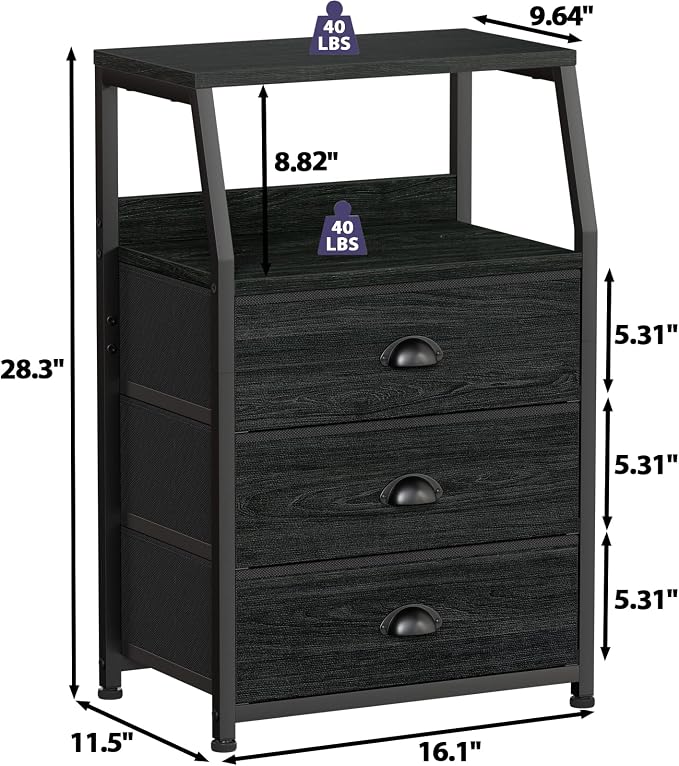 Furnulem Black Night Stand, Small Dresser for Bedroom, Nightstand with 3 Fabric Storage Drawers and 2-Tier Shelf, End Table Side Furniture for Closet, Hallway, Nursery, Sturdy Steel Frame, Wood Top - Image 3