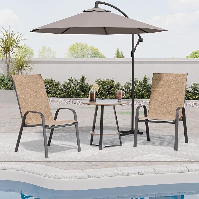 Patio Chairs Set of 2, Outdoor Dining Chairs Stackable for All Weather, Breathable Metal Modern Outside Furniture Chair for Pool Side, Garden, Backyard Deck, Brown - Image 4