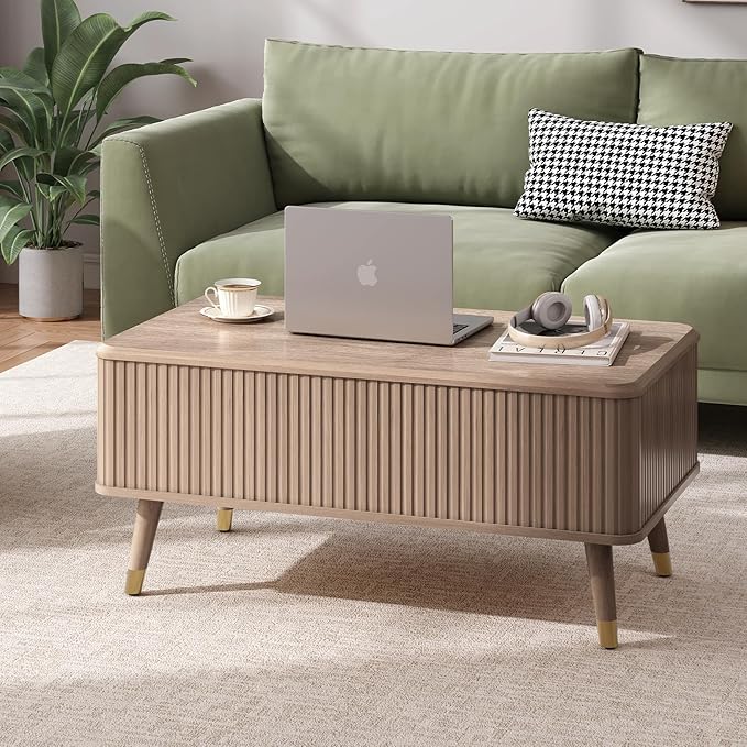 SULIVES Lift Top Coffee Table with Storage,Fluted Coffee Table with Lifting Top,Mid Century Modern Center Table with Solid Wood Legs,Small Coffee Tables for Living Room,Oak