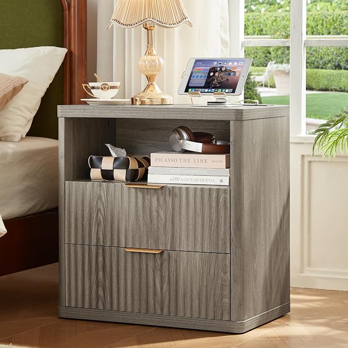 LEYAOYAO Fluted Farmhouse Nightstand Set of 2 with Charging Station, 23" Wide 2 Drawers End Table,Grey Dresser for Bedroom,Bed Side Table Chest of Drawers Cabinet,Wood Night Stand for Living Room - Image 2